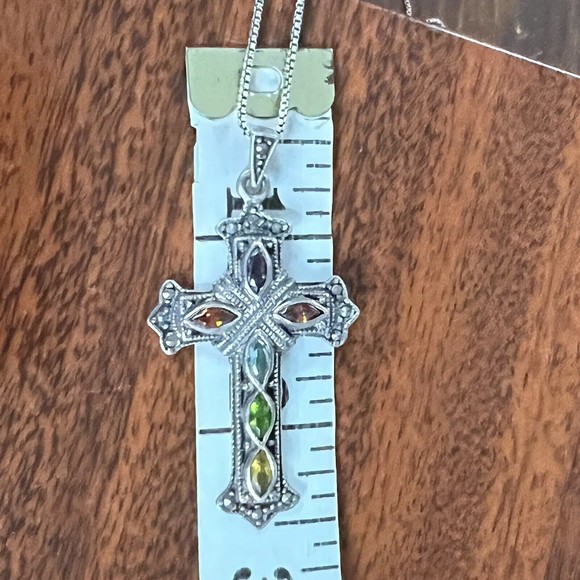 Sterling Silver .925 multi gemstone cross pendant necklace - Picture 7 of 11
